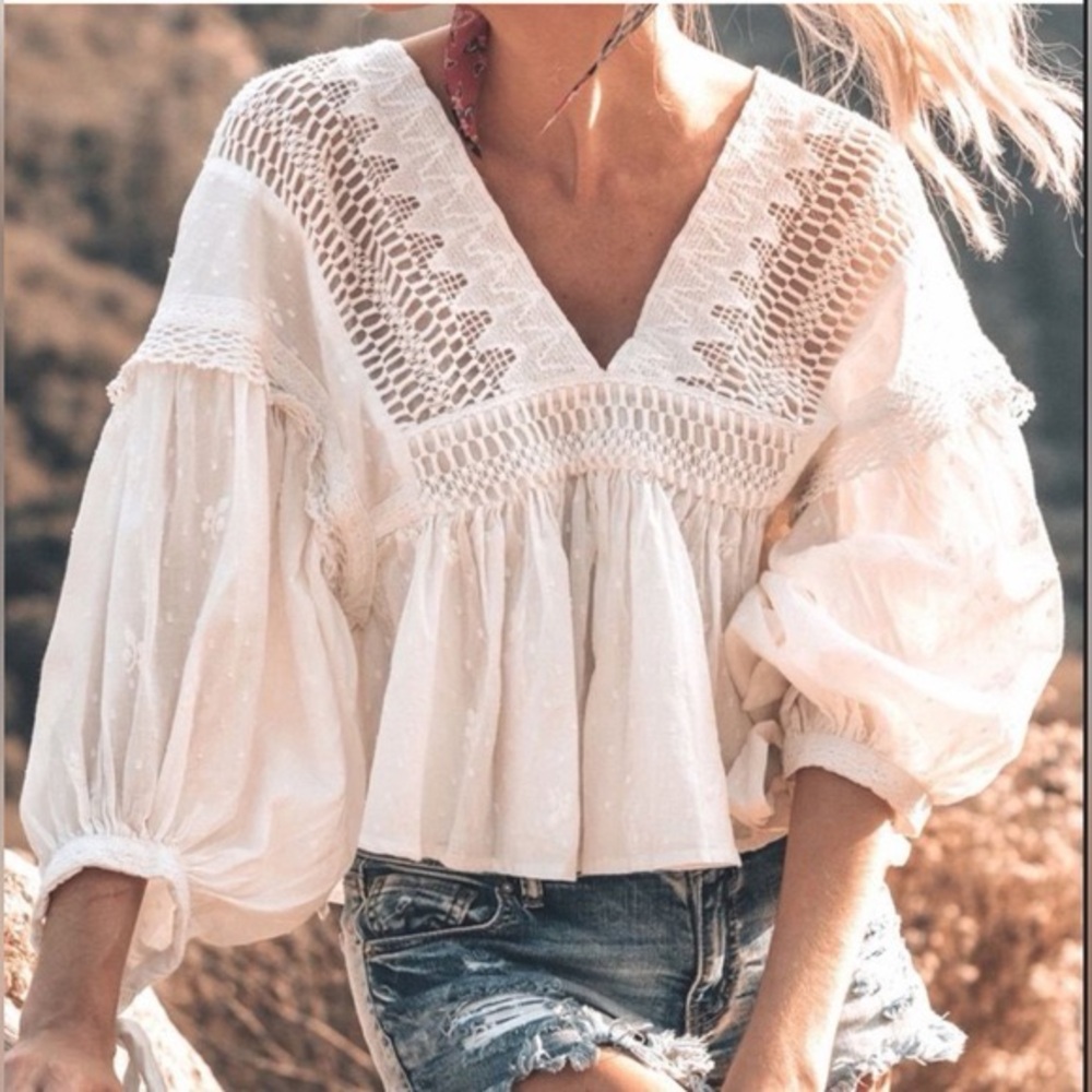 Free People “Drive You Mad” White Blouse